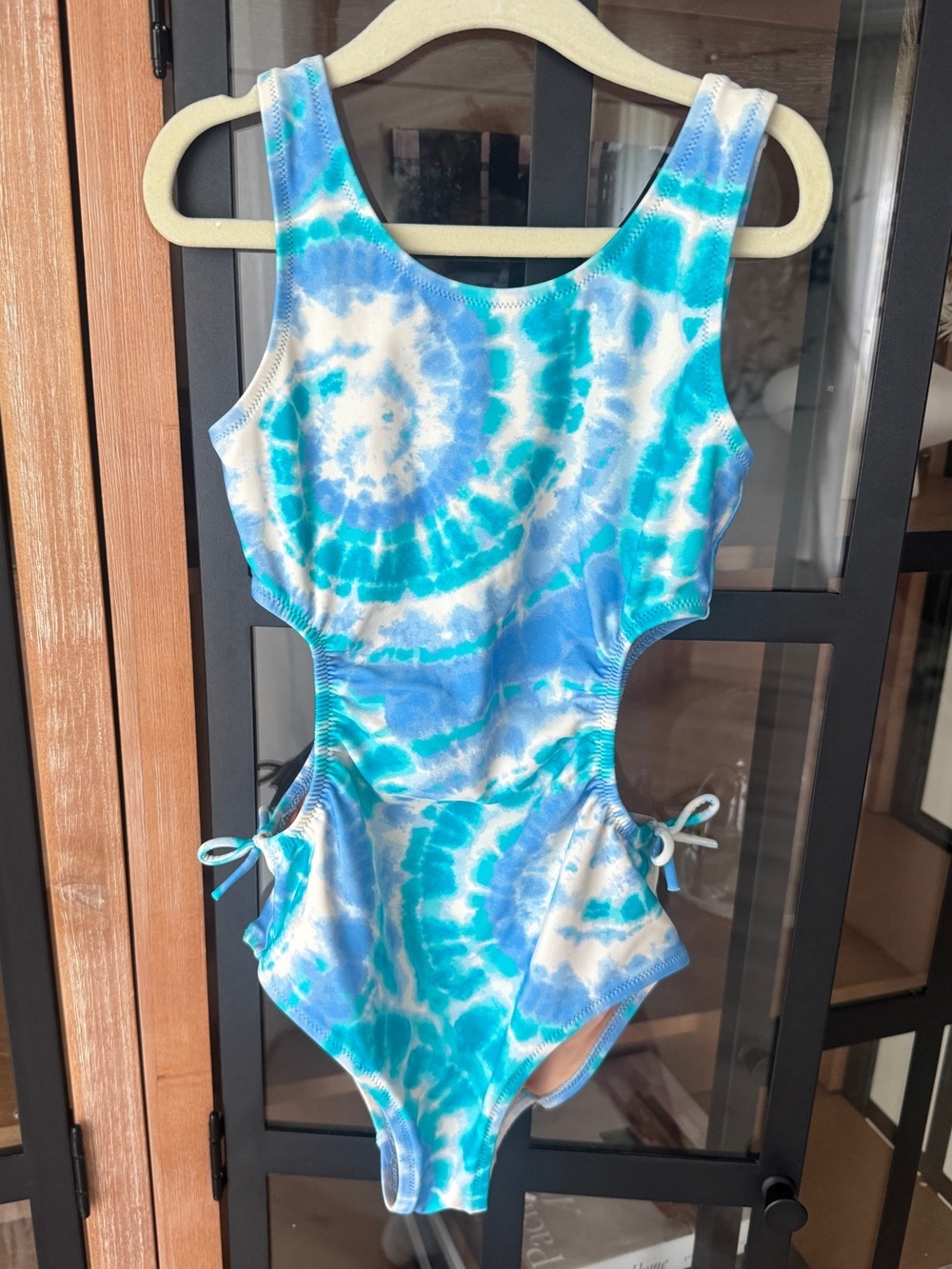 Crewcuts one piece swimsuit cutouts tie dye bows little girls swirls turquoise